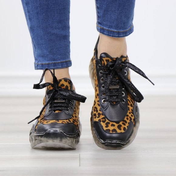 Animal Leopard Print Women's Fashion Chunky Heel Sneakers Shoes - Picture 9 of 15